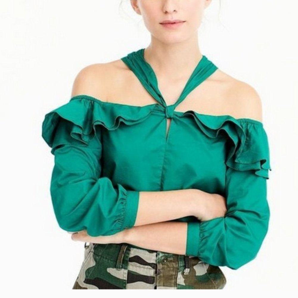J. Crew Green Ruffle Off Shoulder Top 2 - Picture 1 of 9